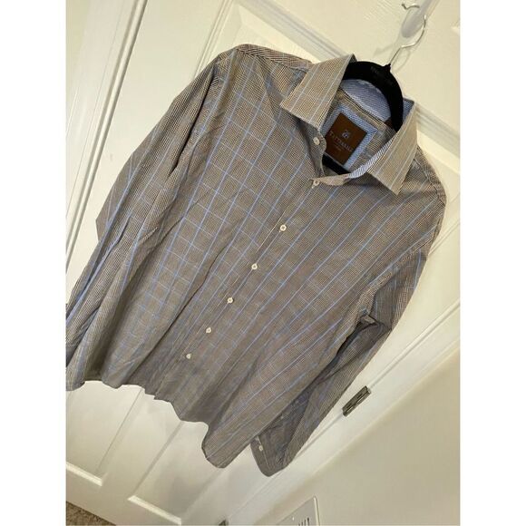 Tattersall Men’s button down 16 34/35 blue brown - Picture 1 of 5